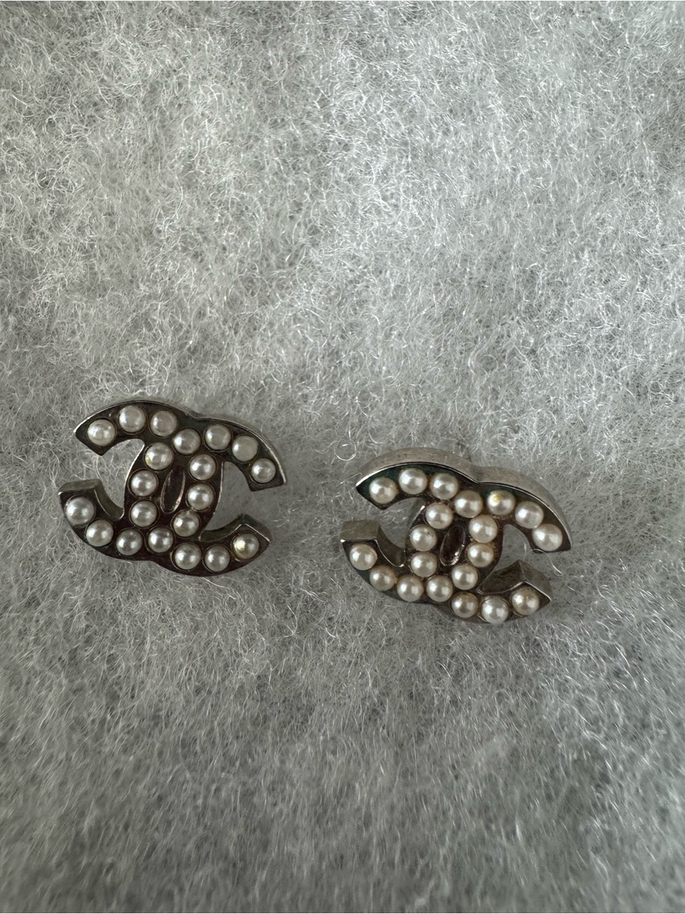 Authentic CHANEL Pearl -Embellished CC Logo Stud Earrings.